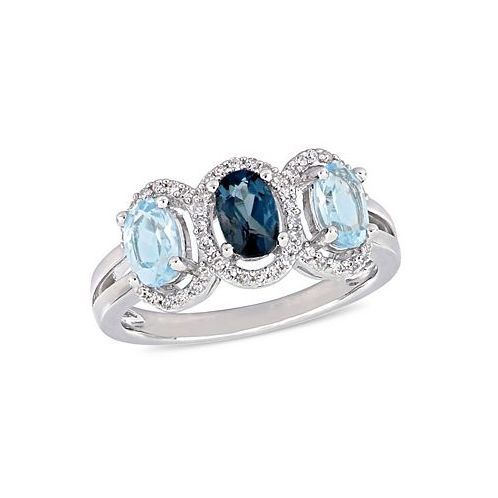 Macys Blue Topaz (1-3/5 ct.t.w.) and Diamond (1/5 ct.t.w.) 3-Stone Halo Ring in Sterling Silver