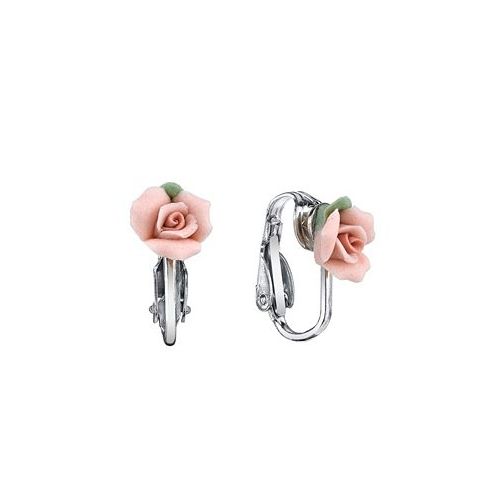 2028 Silver Tone Porcelain Rose Clip-on Earrings