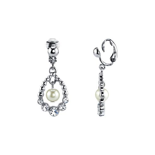 2028 Silver Tone Imitation Pearl and Crystal Clip Drop Earrings