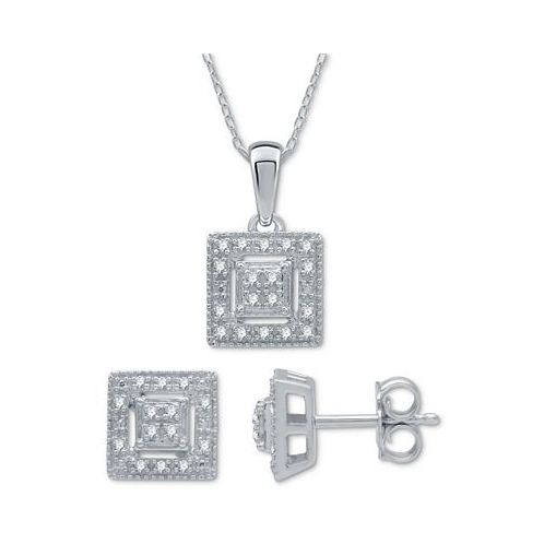 Macys 2-Pc. Set Diamond (1/6 ct. t.w.) Square Cluster Pendant Necklace & Matching Stud Earrings in Sterling Silver