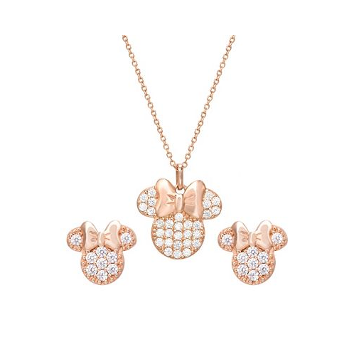 Disney Childrens 2-Pc. Set Cubic Zirconia Pave Minnie Mouse Pendant Necklace & Matching Stud Earrings in 18k Rose Gold-Plated Sterling Silver
