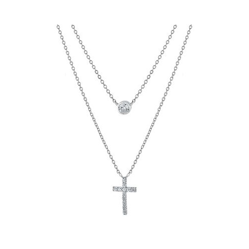 Giani Bernini Double Layered 16 + 2 Cubic Zirconia Solitaire and Cross Chain Necklace in Sterling Silver