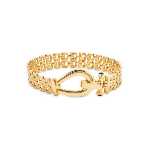 Italian Gold Black Spinel Horseshoe Clasp Panther Link Bracelet in 14k Gold-Plated Sterling Silver