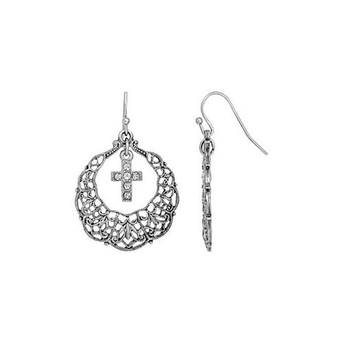 Symbols of Faith Pewter Hoop Crystal Cross Drop Earrings