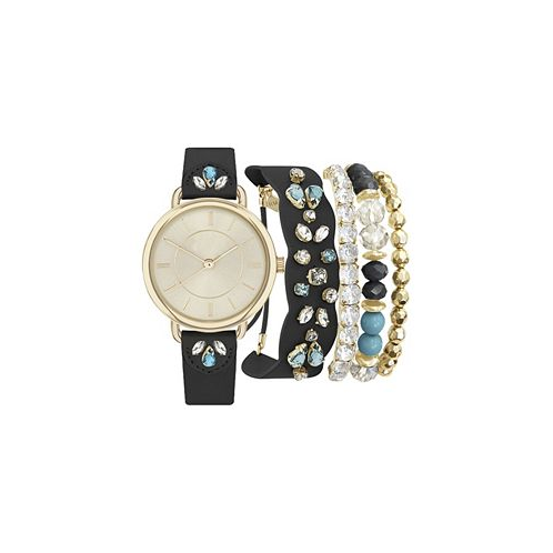 Jessica Carlyle Womens Analog Black Jeweled Strap Watch 34mm with Matching Bracelets Set
