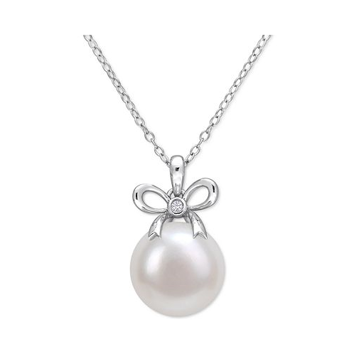 Macys Cultured Freshwater Pearl (12mm) & Lab-Created White Sapphire Accent Bow 18 Pendant Necklace in Sterling Silver