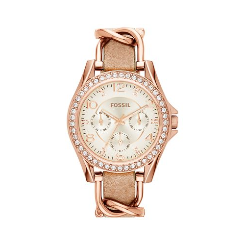 Fossil Womens Riley Rose Gold-Tone Chain and Bone Leather Strap Watch 38mm ES3466
