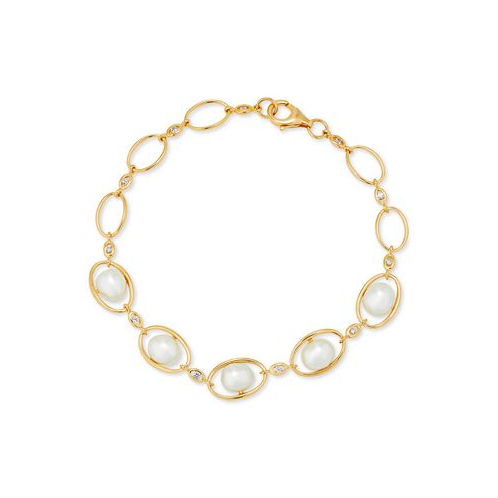 Macys Cultured Freshwater Pearl (7-7-1/2mm) & White Topaz (1/5 ct. t.w.) Oval Link Bracelet in 14k Gold-Plated Sterling Silver