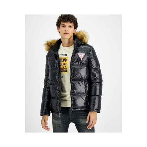 GUESS Mens Puffer Jacket With Faux Fur Hood