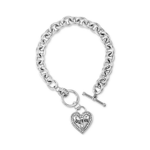 GUESS Silver-Tone Pave Logo Heart Link Bracelet