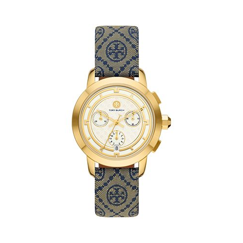 Tory Burch Womens Chronograph The Tory Blue Fabric & Luggage Leather Strap Watch 37mm