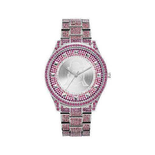 Steve Madden Womens Silver-Tone Metal Bracelet and Accented with Pink Crystals Watch 40mm