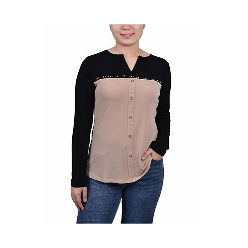 NY Collection Petite Long Sleeve Studded Colorblocked Split Neck Top