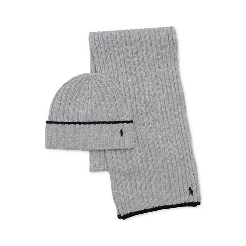 Polo Ralph Lauren Mens Classic Ribbed Hat and Scarf Set