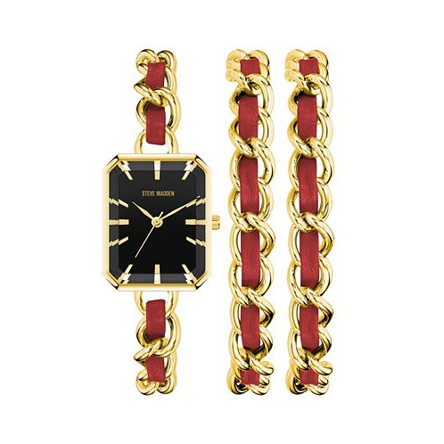 Steve Madden Womens Gold-Tone Alloy Chain with Red Insert Bracelet Watch Set 22mm