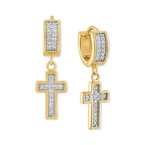 Esquire Mens Jewelry Cubic Zirconia Cross Dangle Huggie Hoop Earrings in 14k Gold-Plated Sterling Silver