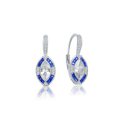 Genevive Sterling Silver with White Gold Plated and Sapphire Cubic Zirconia Leverback Earrings