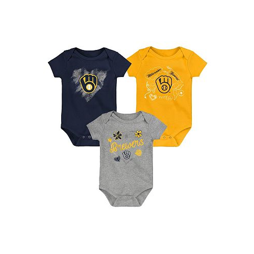 Outerstuff Girls Newborn and Infant Navy Gold Heathered Gray Milwaukee Brewers 3-Pack Batter Up Bodysuit Set