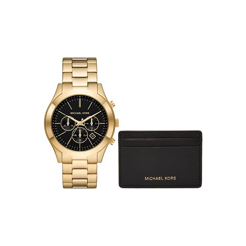 Michael Kors Mens Slim Runway Quartz Chronograph Gold-Tone Stainless Steel Watch 44mm and Slim Card Case Set
