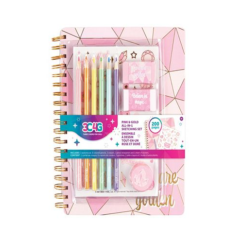 Three Cheers For Girls 3C4G Pink Gold-Tone All-in-1 Sketching Set Make It Real Tweens Girls Journal Art 200 Page Book Take Notes in Class Sketch Doodle Spark Creativity