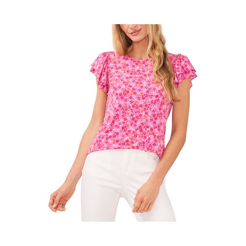 CeCe Womens Ruffle Sleeve Floral-Printed Knit Top