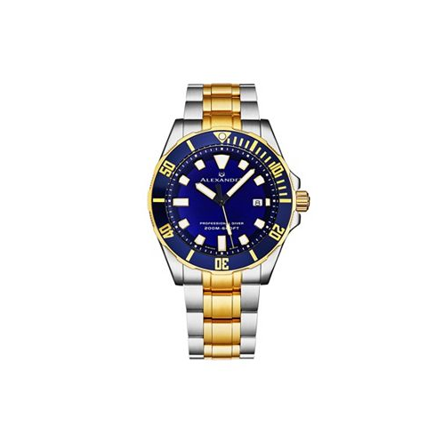 Alexander Mens Vathos Silver-tone|Gold-Tone Stainless Steel Blue Dial 42mm Round Watch