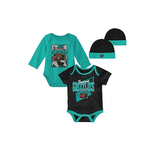 Mitchell & Ness Newborn and Infant Boys and Girls Black Turquoise Vancouver Grizzlies 3-Piece Hardwood Classics Bodysuits and Cuffed Knit Hat Set