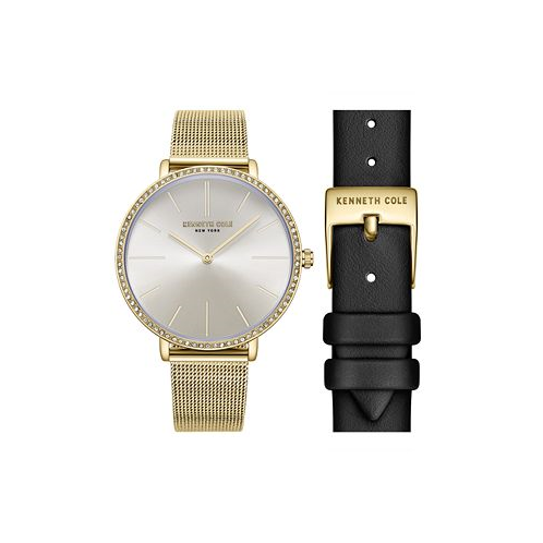 Kenneth Cole New York Womens Quartz Classic Slim Gold-Tone Stainless Steel and Genuine Leather Watch 38mm Gift Set 2 Pieces