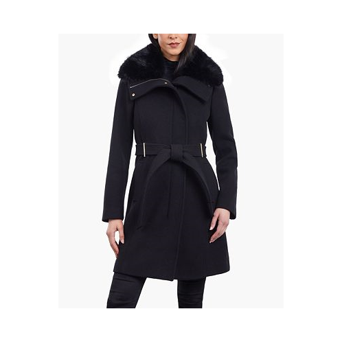 Michael Kors Womens Petite Belted Faux-Fur-Collar Coat