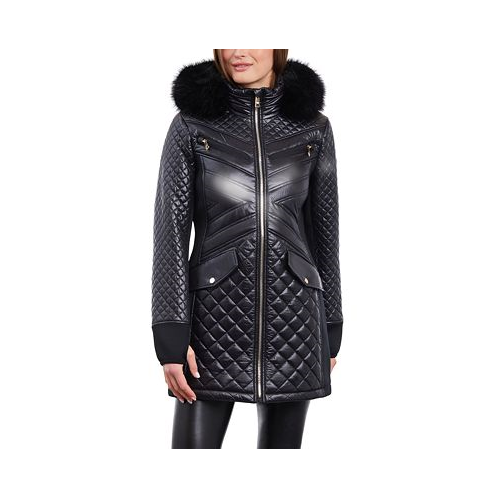 Michael Kors Womens Faux-Fur-Trim Hooded Quilted Coat