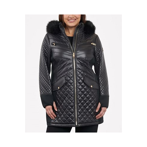 Michael Kors Womens Plus Size Faux-Fur-Trim Hooded Quilted Coat