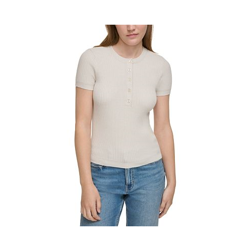 Calvin Klein Jeans Petite Short-Sleeve Rib-Knit Henley Top