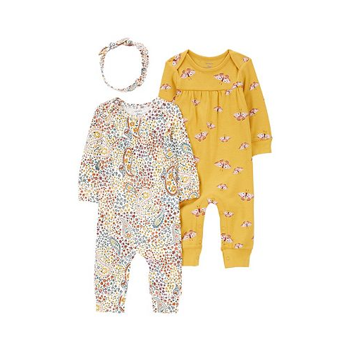 Carters Baby Girls Pink Floral 3-Piece Jumpsuit and Headband Set