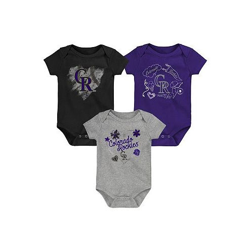 Outerstuff Girls Newborn and Infant Black Purple Heathered Gray Colorado Rockies 3-Pack Batter Up Bodysuit Set