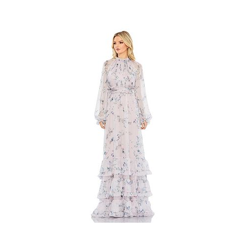 Mac Duggal Womens Floral Print Ruched Raglan Sleeve Tiered Gown