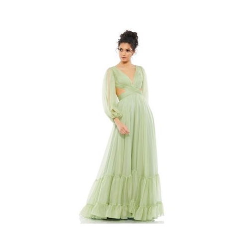 Mac Duggal Womens Pleated Cut Out Long Sleeve Lace Up Tiered Gown