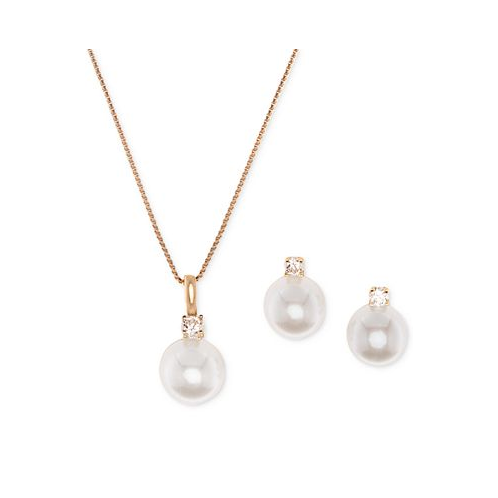 Macys 2-Pc. Set Cultured Freshwater Pearl (7-1/2 & 8-1/2mm) & Cubic Zirconia Pendant Necklace & Matching Stud Earrings in Sterling Silver
