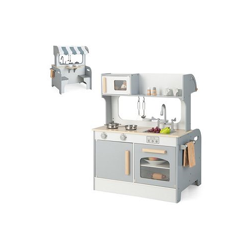 Costway 2 in 1 Kids Play Kitchen& Restaurant Double Sided Wooden Kitchen Playset Toddler