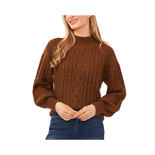 CeCe Womens Cable-Knit Mock Neck Bishop Sleeve Sweater