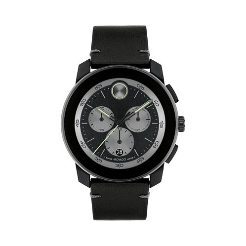 Movado Mens Bold TR90 Swiss Quartz Chronograph Black Leather Watch 44mm