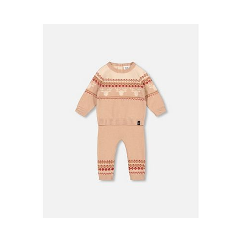 Deux par Deux Baby Boy Jacquard Knitted Sweater And Pants Set Beige - Infant