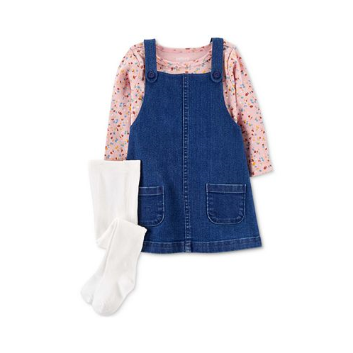 Carters Baby Girls 3-Pc. Floral Top Chambray Jumper & Tights Set
