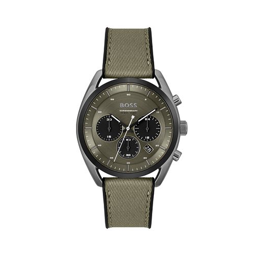 Hugo Boss Mens Top Quartz Fashion Chronograph Black Silicone Green Fabric Watch 44mm