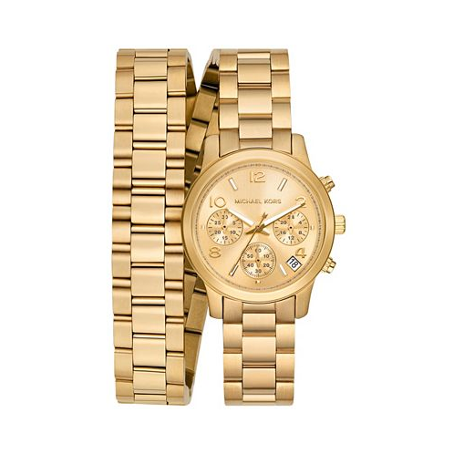 Michael Kors Womens Runway Chronograph Gold-Tone Stainless Steel Double Wrap Bracelet Watch 34mm