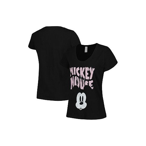 Mad Engine Womens Black Distressed Mickey Mouse Face Scoop Neck T-shirt