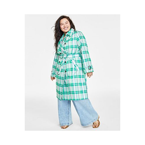 On 34th Plus Size Plaid Double-Breasted Trench Coat