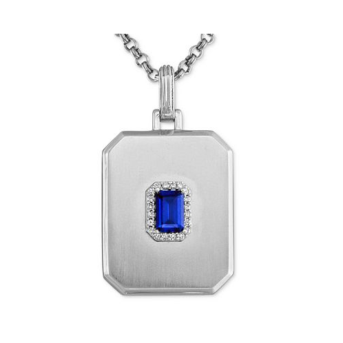 Esquire Mens Jewelry Lab-Created Sapphire (5/8 ct. t.w.) & Diamond (1/10 ct. t.w.) Halo Dog Tag 22 Pendant Necklace in Sterling Silver