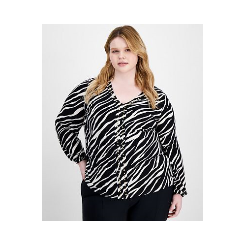 I.N.C. International Concepts Plus Size Printed Studded Blouson-Sleeve Top