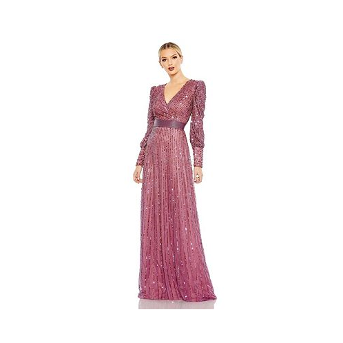 Mac Duggal Womens Sequined Wrap Over Bishop Sleeve Gown