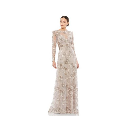 Mac Duggal Womens Floral Embroidered Illusion Long Sleeve Evening Gown